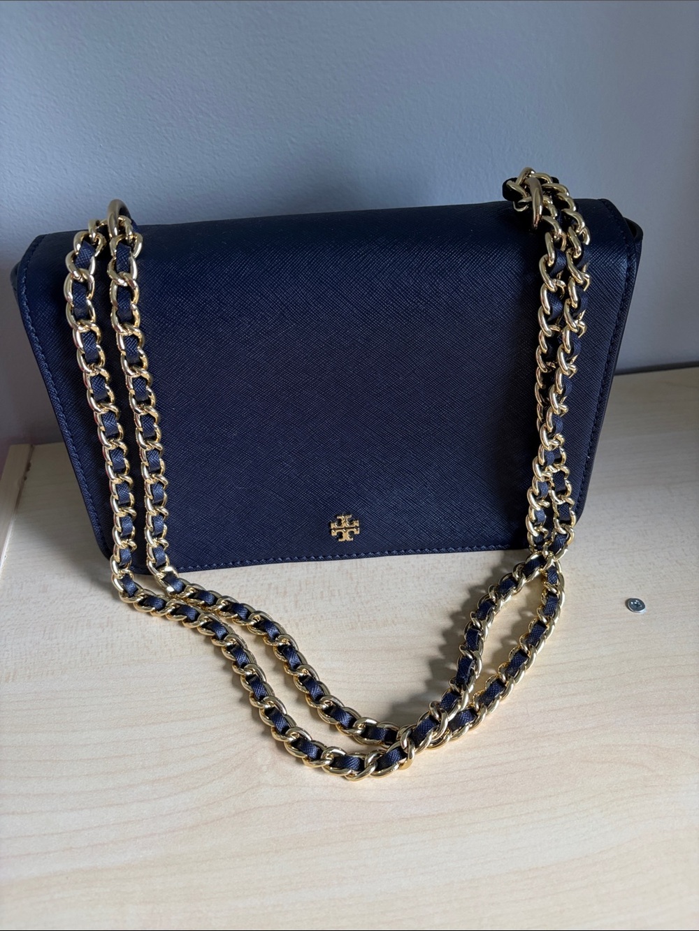 Tory Burch Navy Saffiano Chain Crossbody with Gold Hardware